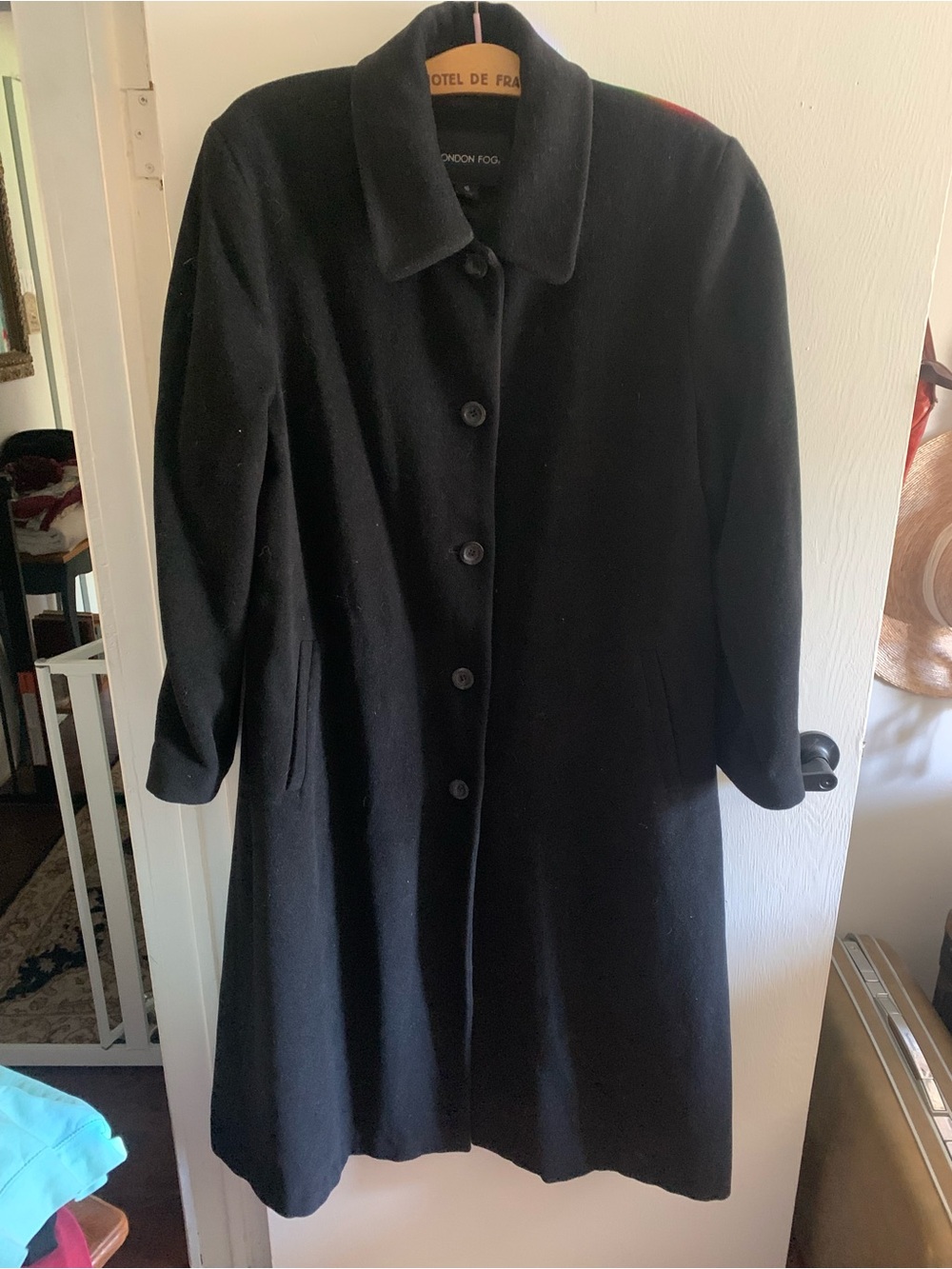 London Fog Women's Black Classic Button-Front Coat Wool Silk M L XL oversized 16